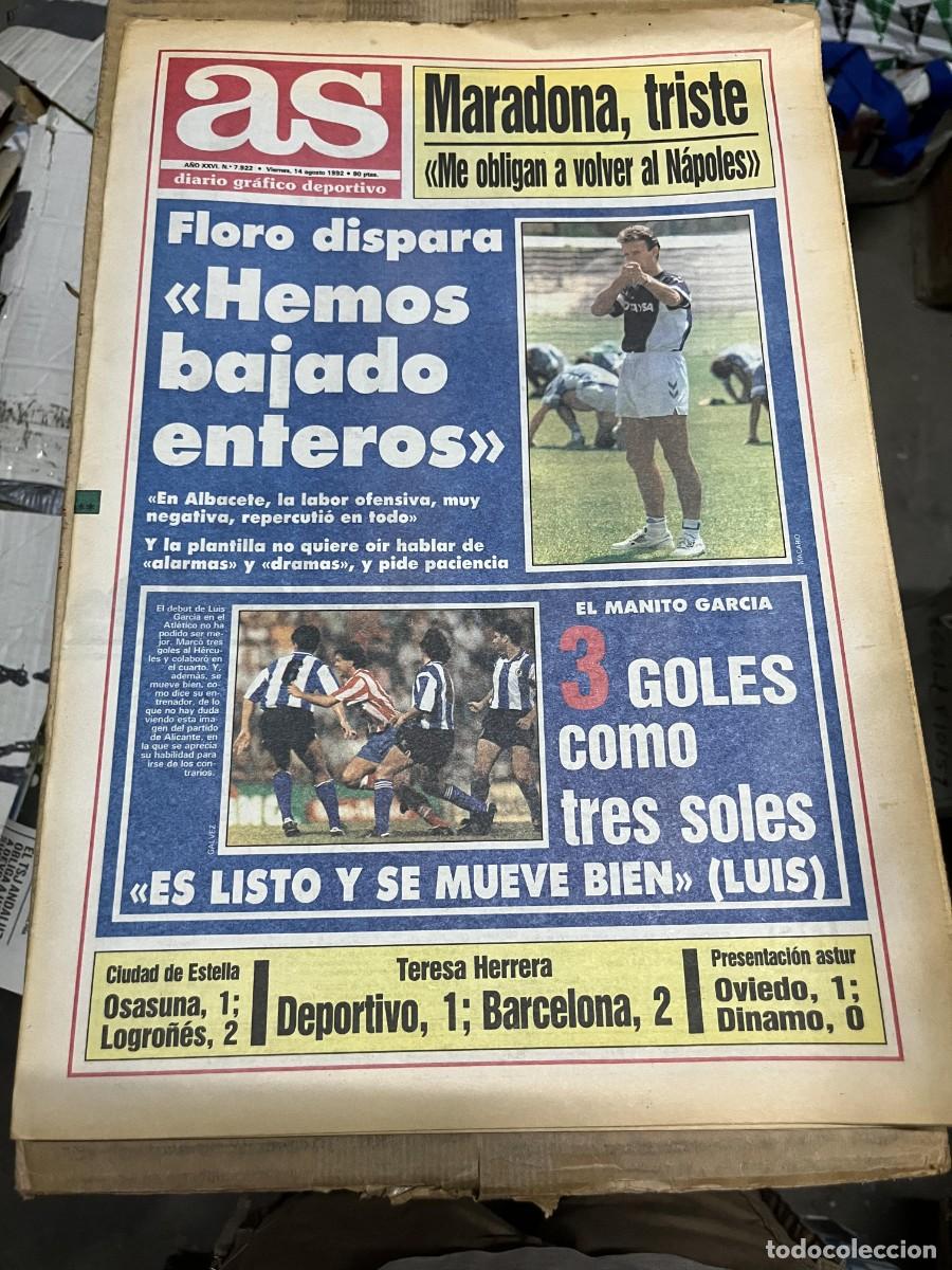 Coleccionismo deportivo: AS (14-8-1992) MARADONA BENITO FLORO REAL MADRID HAT TRICK LUIS GARCIA DEBUT ATLETICO MADRID