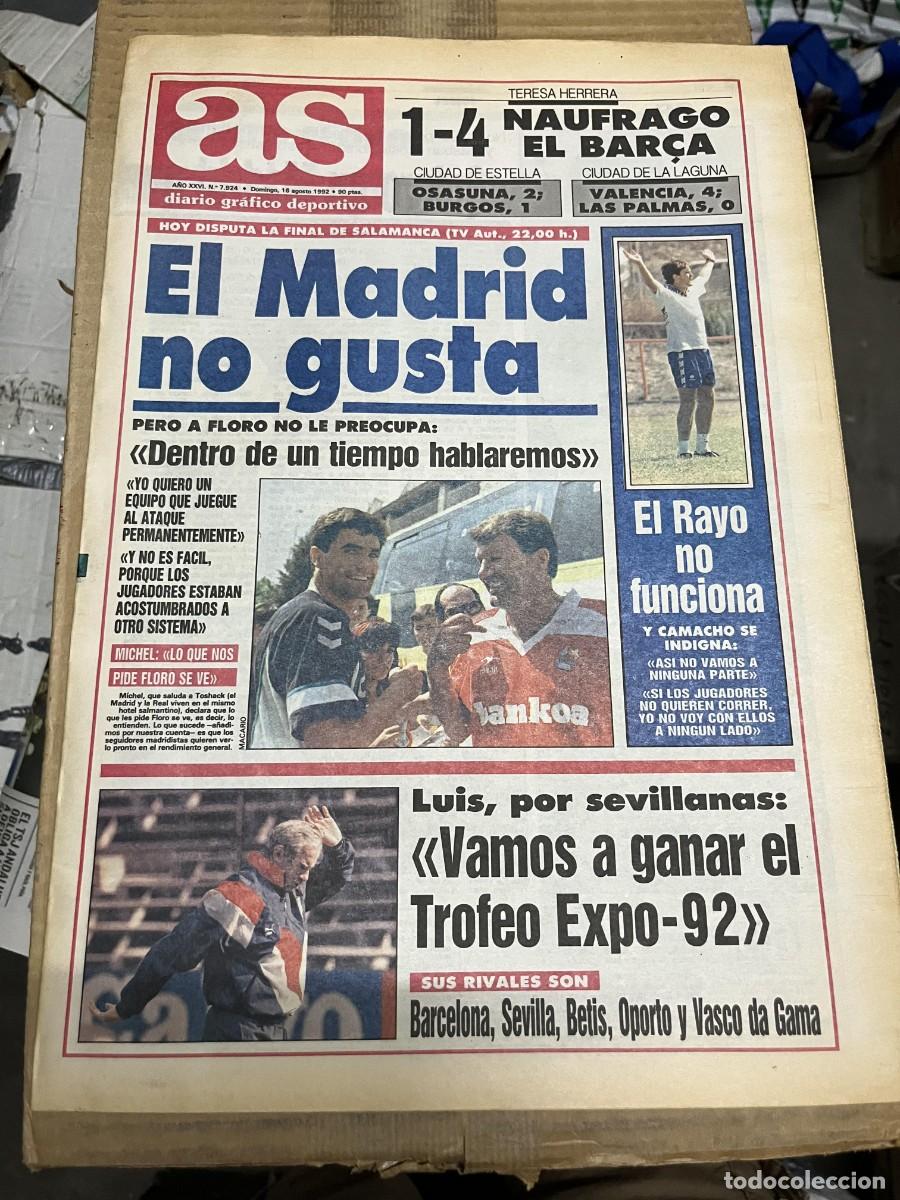 Coleccionismo deportivo: AS (16-8-1992)HOY FINAL SALAMANCA REAL MADRID OSASUNA 2-1 BURGOS VALENCIA 4-0 LAS PALMAS TROFEO EXPO