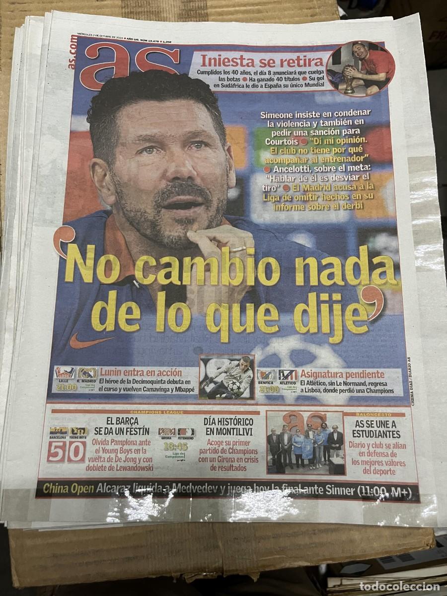 Coleccionismo deportivo: AS (2-10-2024)SIMEONE RETIRADA INIESTA LOSC LILLE REAL MADRID BENFICA ATLETICO BARCELONA 5-0 YOUNG