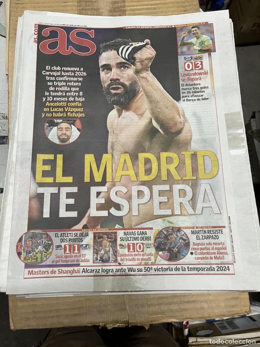Coleccionismo deportivo: AS (7-10-2024) REAL MADRID LESION CARVAJAL ALAVES 0-3 BARCELONA REAL SOCIEDAD 1-1 ATLETICO
