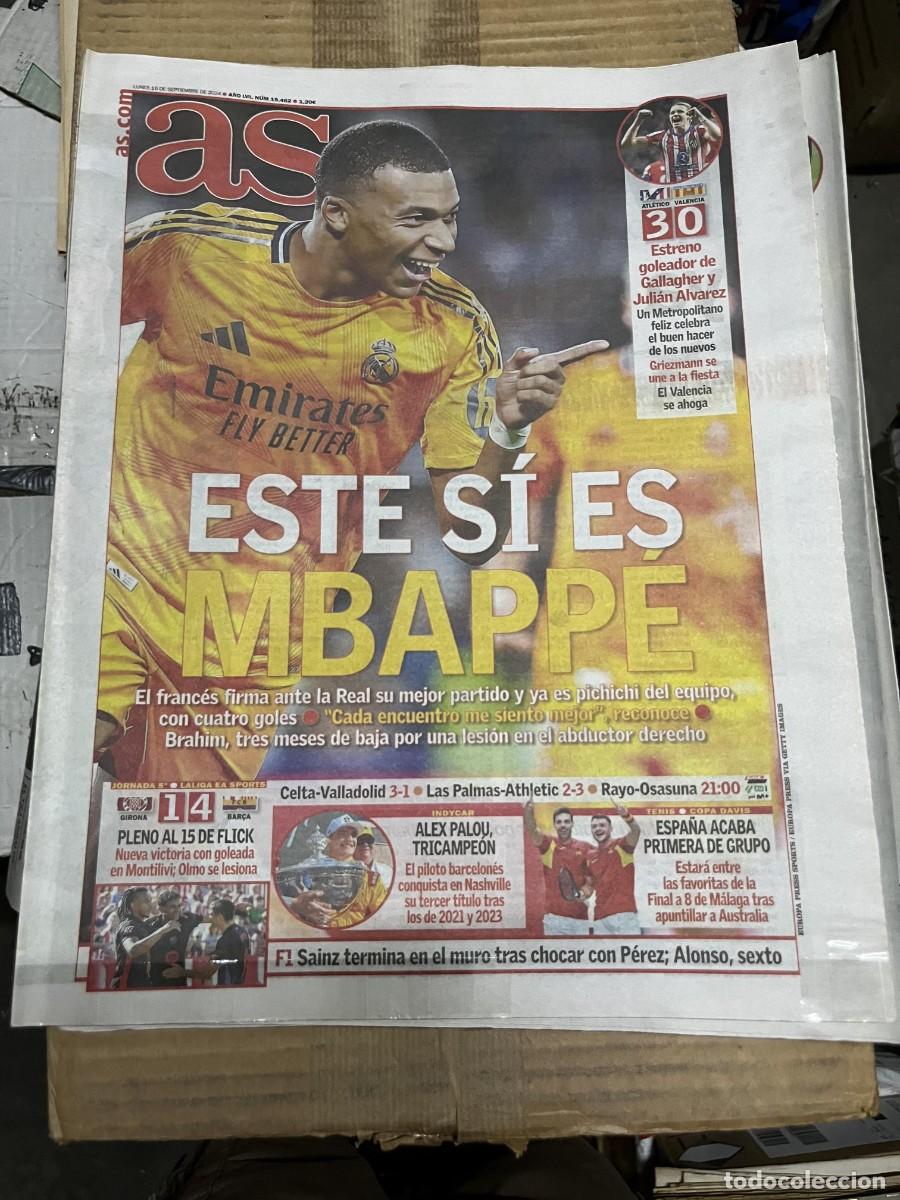 Coleccionismo deportivo: AS (16-9-2024) MBAPPE REAL MADRID ATLETICO 3-0 VALENCIA GIRONA 1-4 BARCELONA ALEX PALOU