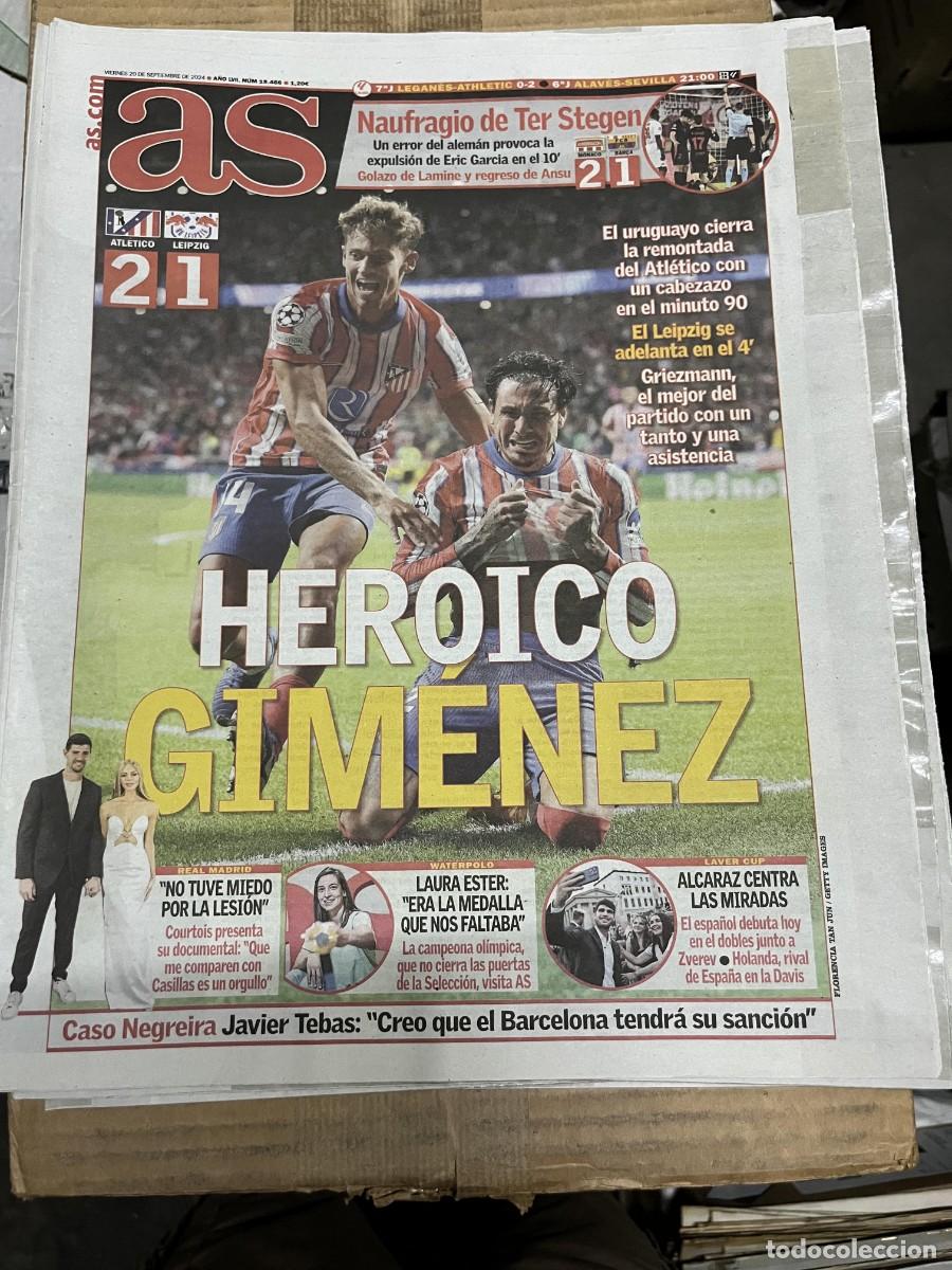 Coleccionismo deportivo: AS (20-9-2024) CHAMPIONS ATLETICO MADRID 2-1 LEIPZIG GIMENEZ MARCOS LLORENTE MONACO 2-1 BARCELONA