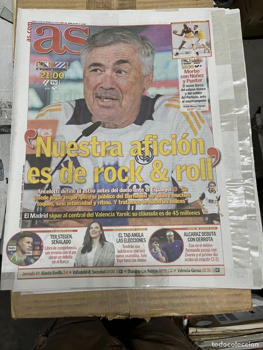 Coleccionismo deportivo: AS (21-9-2024) JORNADA LIGA ANCELOTTI REAL MADRID ESPANYOL TER STEGEN ACARAZ TENIS