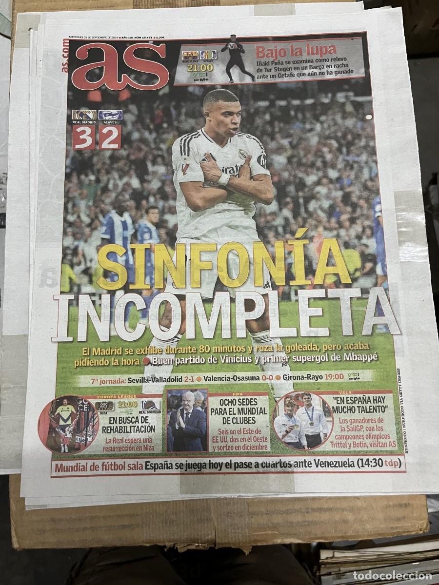 Coleccionismo deportivo: AS (25-9-2024) JORNADA LIGA REAL MADRID 3-2 ALAVES MBAPPE BARCELONA GETAFE NIZA REAL SOCIEDAD