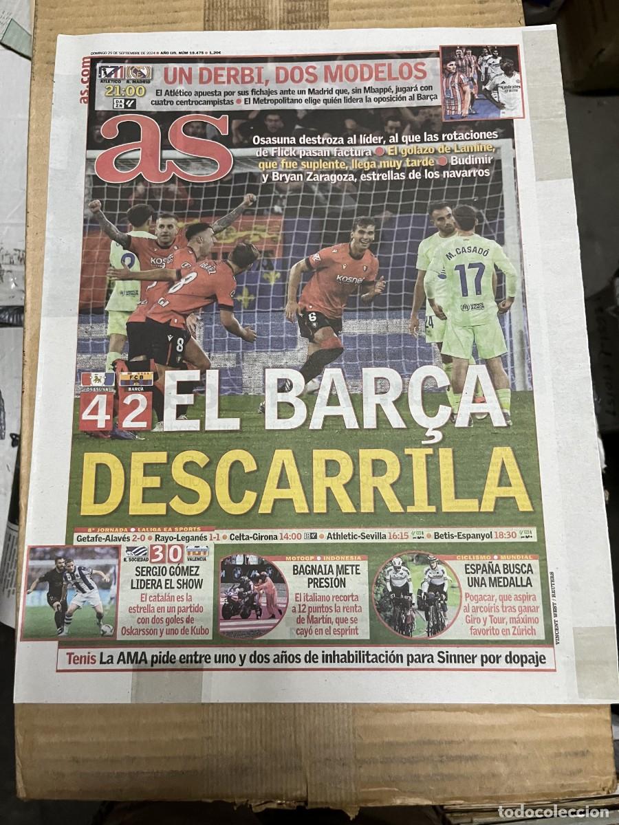 Coleccionismo deportivo: AS (29-9-2024) OSASUNA 4-2 BARCELONA JORNADA LIGA DERBI ATLETICO REAL MADRID R.SOCIEDAD 3-0 VALENCIA