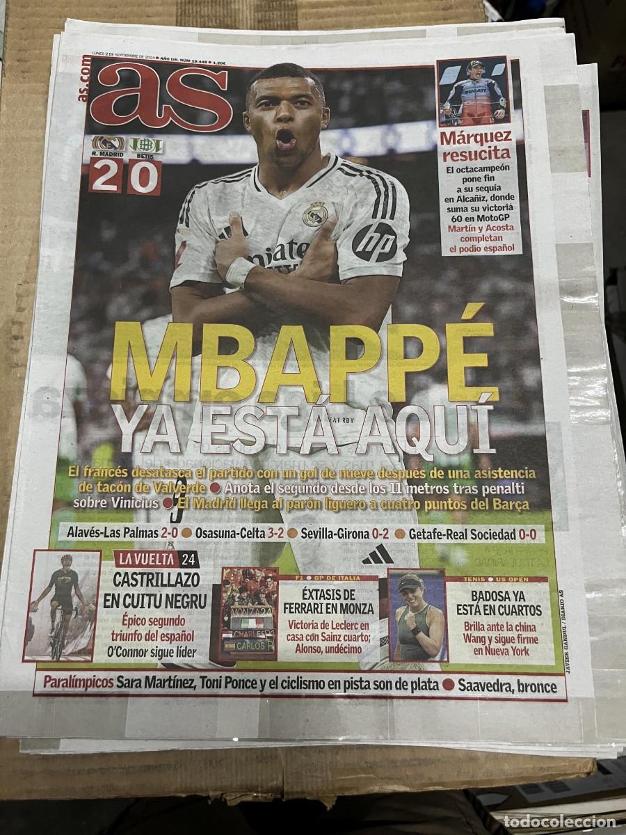 Coleccionismo deportivo: AS (2-9-2024) MBAPPE REAL MADRID 2-0 BETIS MARQUEZ MOTO GP LA VUELTA A ESPA&Ntilde;A BADOSA