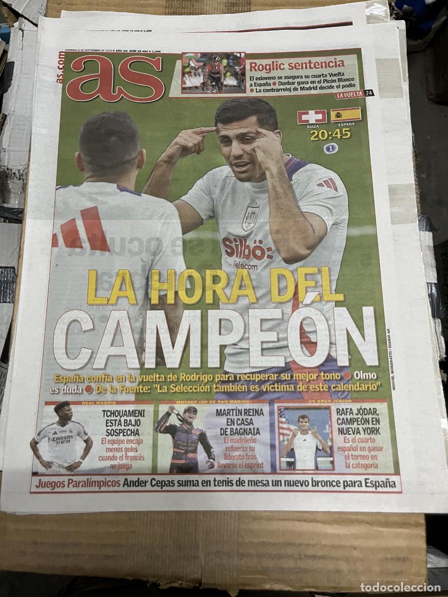 Coleccionismo deportivo: AS (8-9-2024) HOY SUIZA ESPA&Ntilde;A SELECCION ESPA&Ntilde;OLA ROGLIC RODRI TCHOUAMENI MARTIN REINA