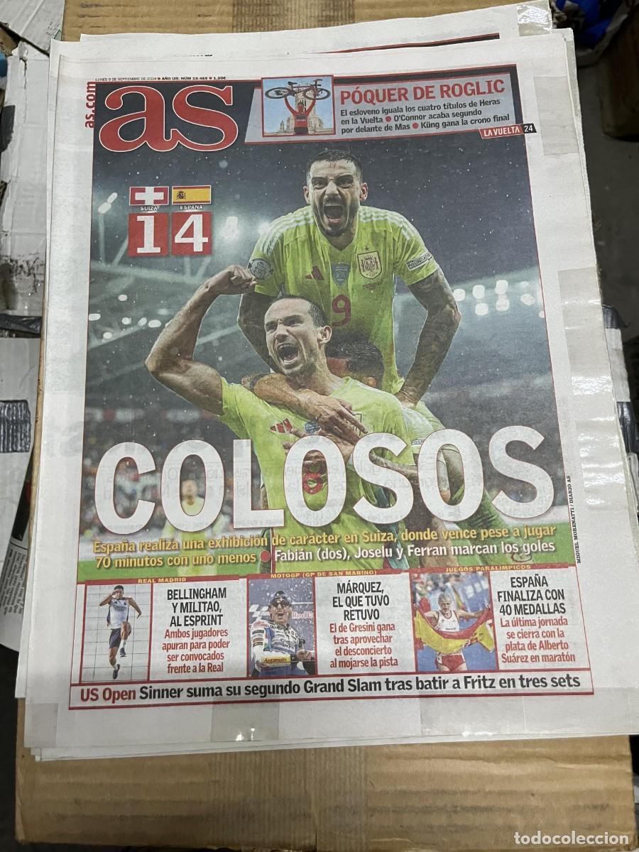 Coleccionismo deportivo: AS (9-9-2024) SUIZA 1-4 ESPA&Ntilde;A SELECCION ESPA&Ntilde;OLA VUELTA A ESPA&Ntilde;A CAMPEON ROGLIC MARQUEZ
