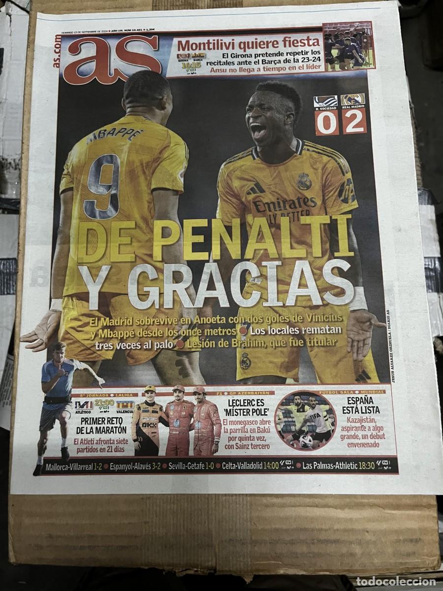 Coleccionismo deportivo: AS (15-9-2024) REAL SOCIEDAD 0-2 REAL MADRID GIRONA BARCELONA MBAPPE VINICIUS ATLETICO VALENCIA