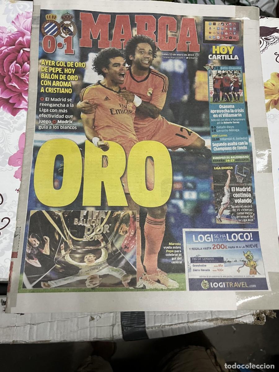 Coleccionismo deportivo: MARCA (13-1-2014) PEPE MARCELO ESPANYOL 0-1 REAL MADRID JORNADA LIGA BALON DE ORO