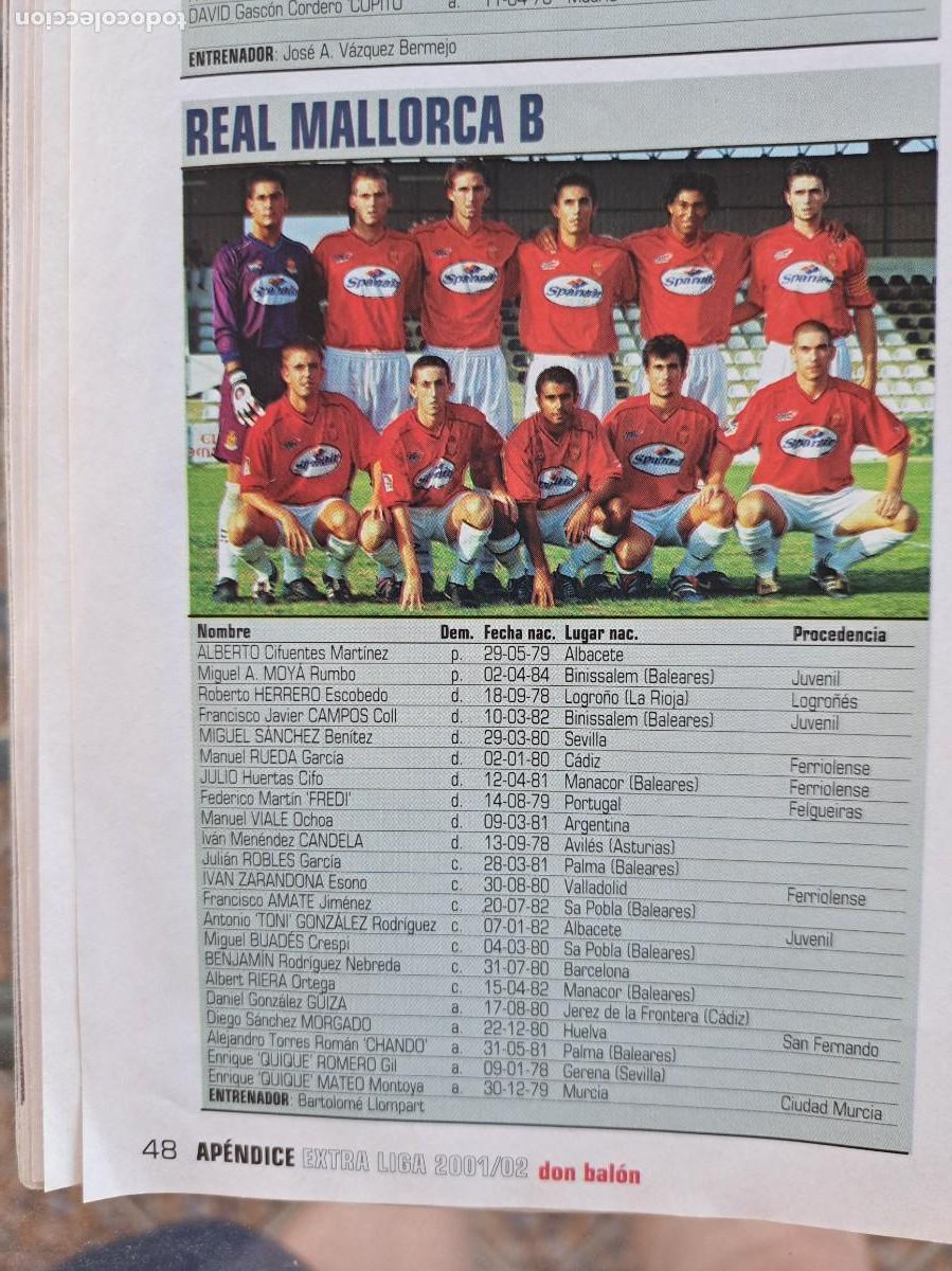 Sports collectibles: Foto y plantel del Real Mallorca B.. Recorte Don Balon 2001-02