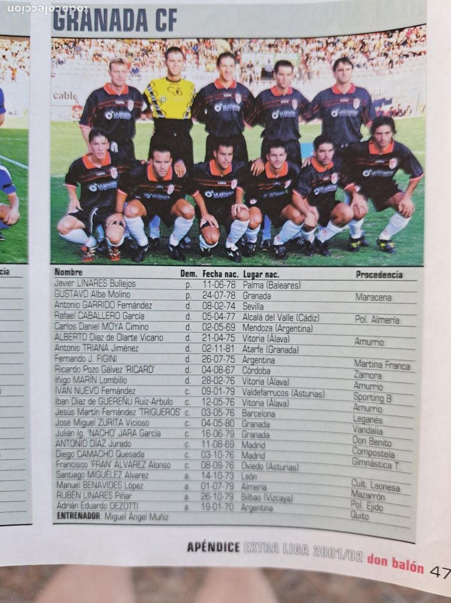 Sammelleidenschaft Sport: Foto y plantel del Granada CF. Recorte Don Balon 2001-02