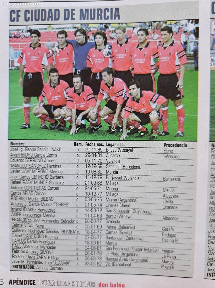 Collectionnisme sportif: Foto y plantel del CF Ciudad de Murcia. Recorte Don Balon 2001-02