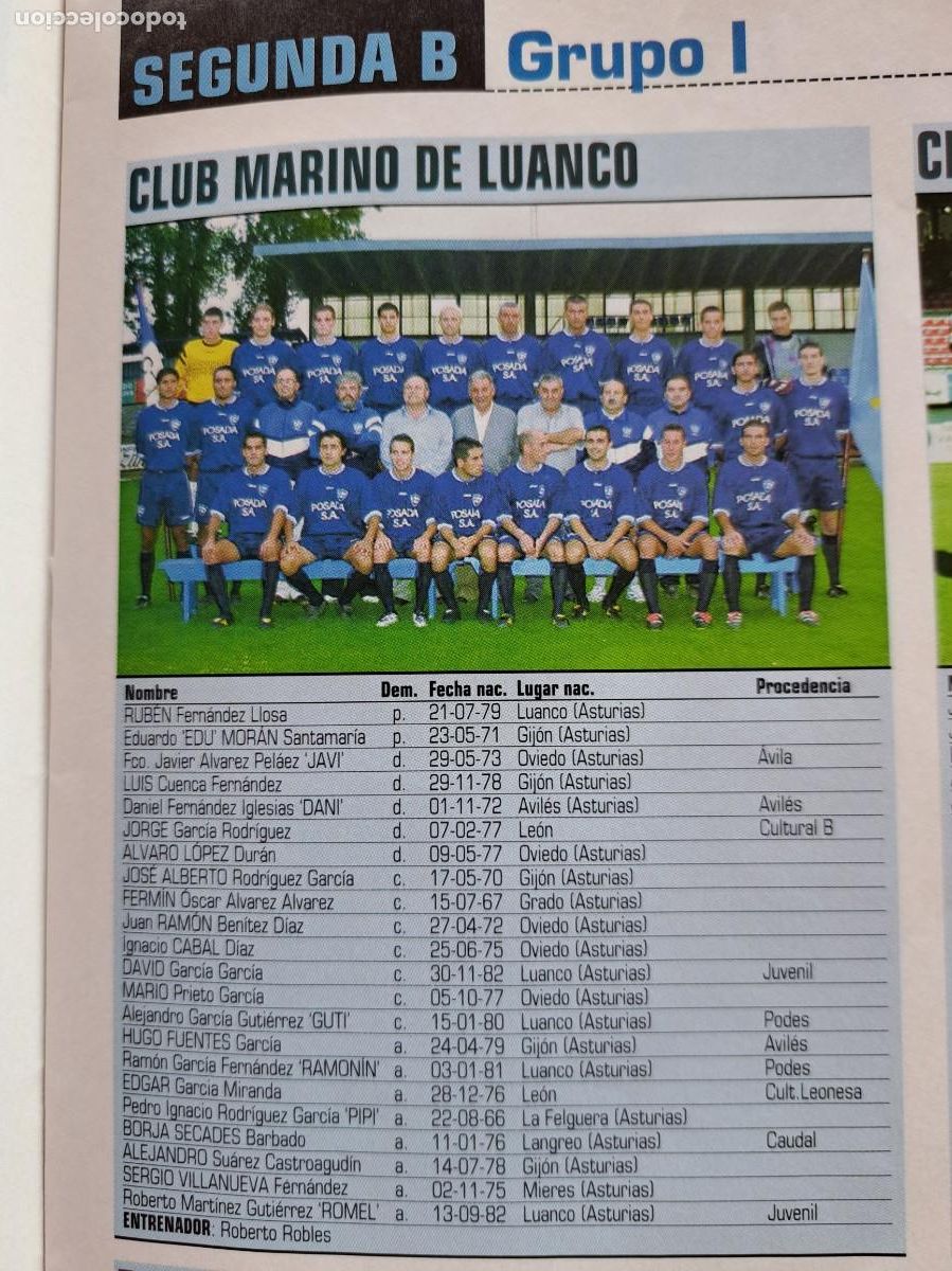 Coleccionismo deportivo: Foto y plantel del Club Marino de Luanco. Recorte Don Balon 2001-02