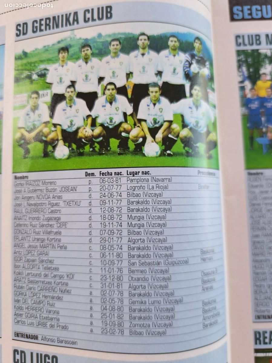 Coleccionismo deportivo: Foto y plantel del SD Gernika Club. Recorte Don Balon 2001-02