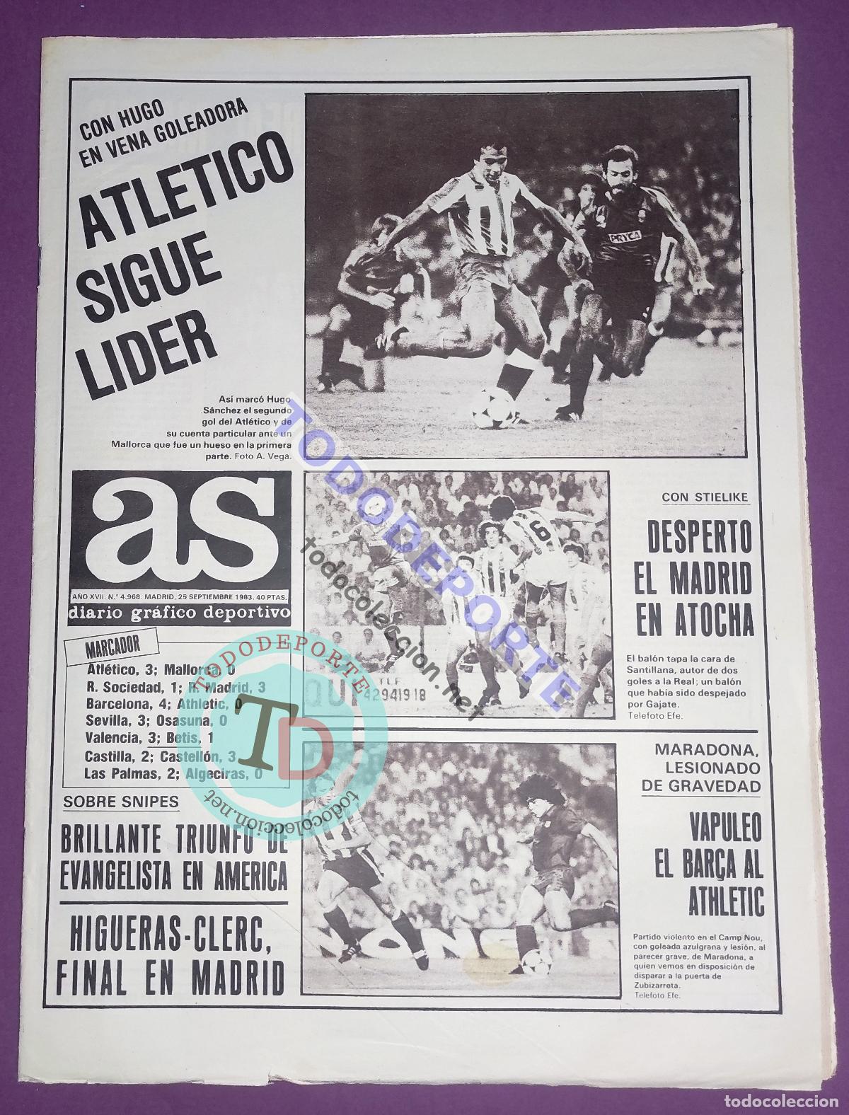 Coleccionismo deportivo: DIARIO AS 1983 LIGA 83 84 ATLETICO DE MADRID LIDER HUGO SANCHEZ - LESION MARADONA ATHLETIC