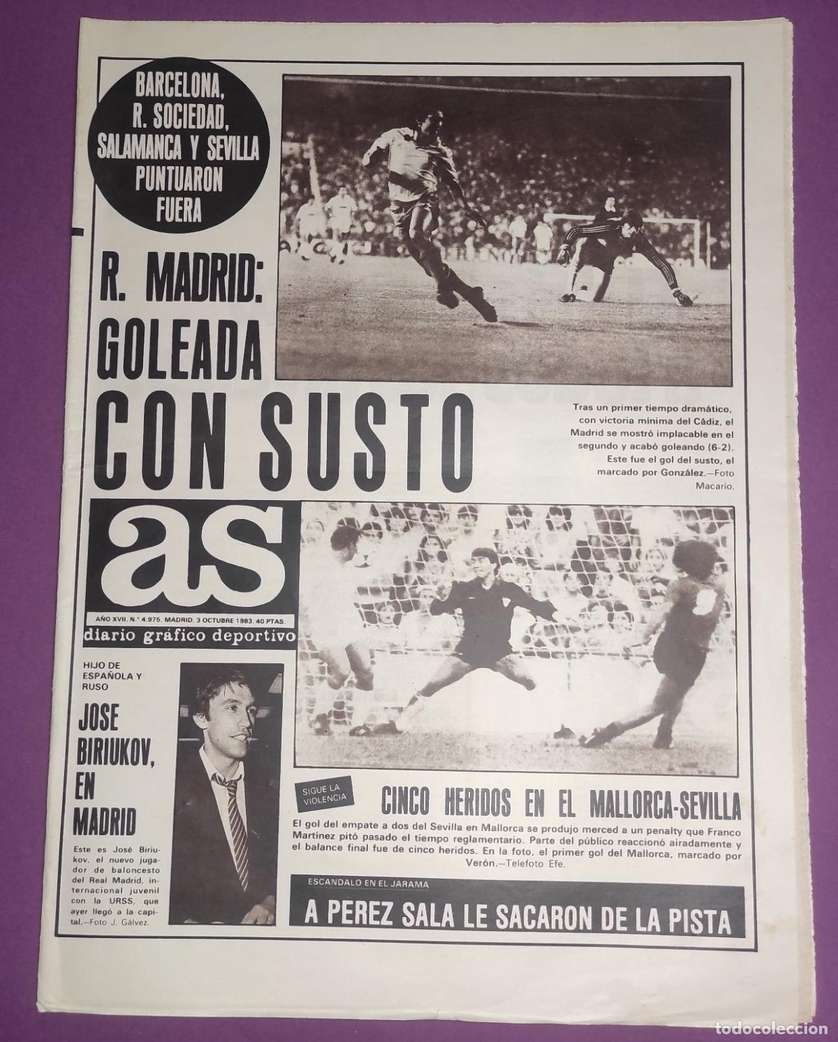 Coleccionismo deportivo: DIARIO AS 1983 LIGA 83 84 REAL MADRID BIRIUKOV - ALGECIRAS - PEREZ SALA