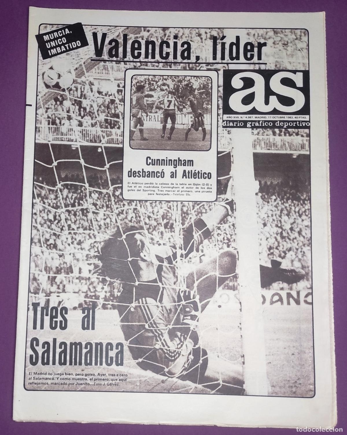 Coleccionismo deportivo: DIARIO AS 1983 LIGA 83 84 VALENCIA LIDER - REAL MURCIA - SPORTING GIJON - SITO PONS - SAINZ