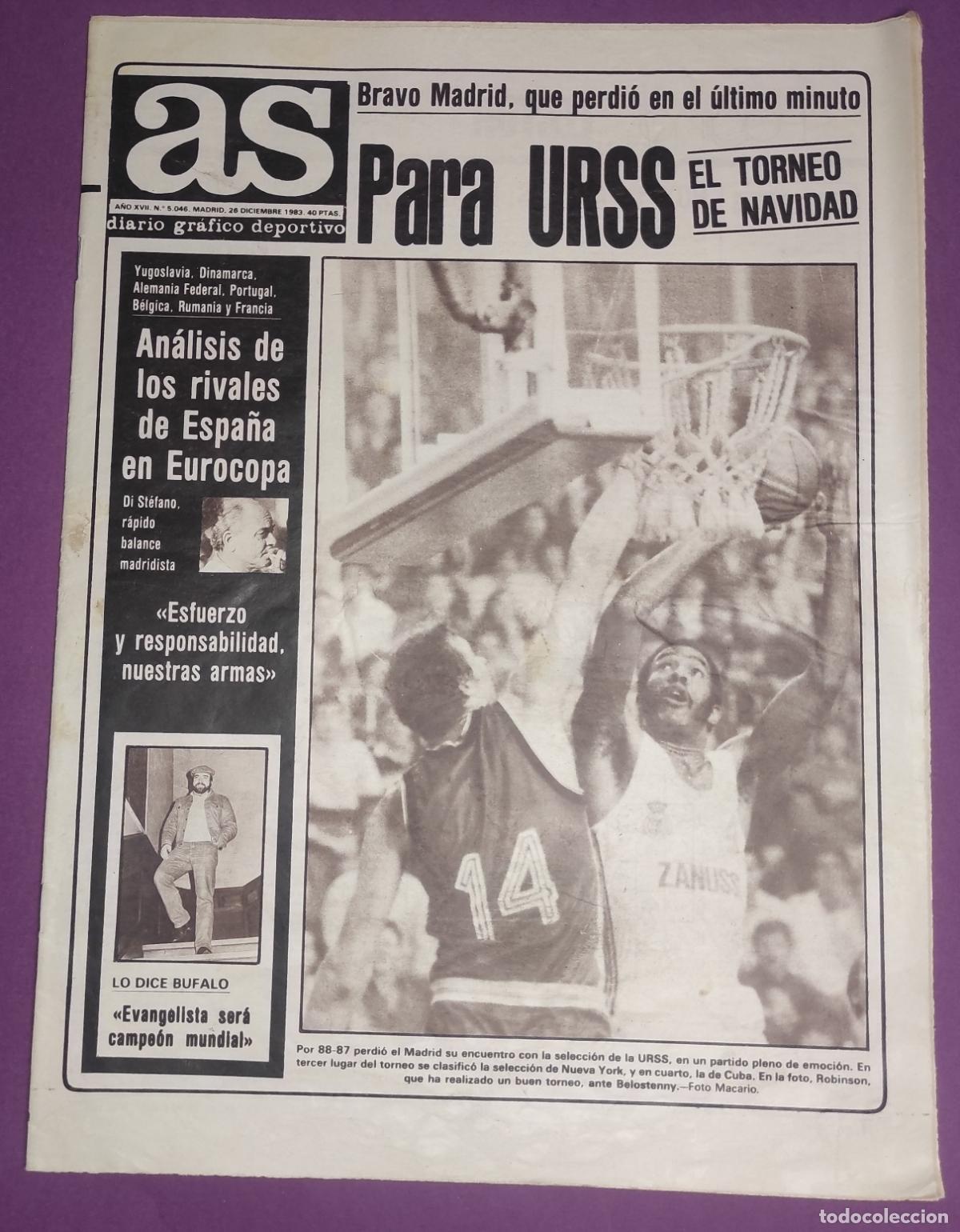 Coleccionismo deportivo: DIARIO AS 1983 BUTRAGUE&Ntilde;O - TORNEO NAVIDAD BALONCESTO REAL MADRID URSS - RIVALES EURO - URRUTI SAURA