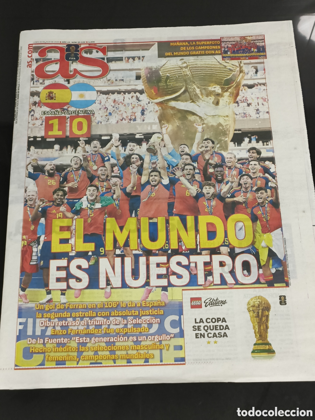 Coleccionismo deportivo: Peri&oacute;dico hist&oacute;rico AS Espa&ntilde;a Campeona del Mundo 20 Julio 2026
