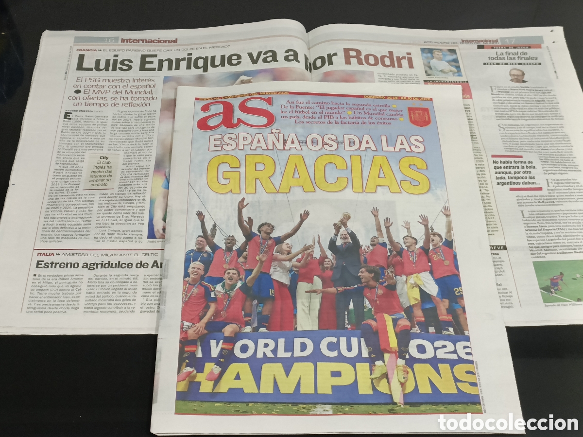 Coleccionismo deportivo: Peri&oacute;dico hist&oacute;rico AS Espa&ntilde;a campeona del mundo 26 Julio