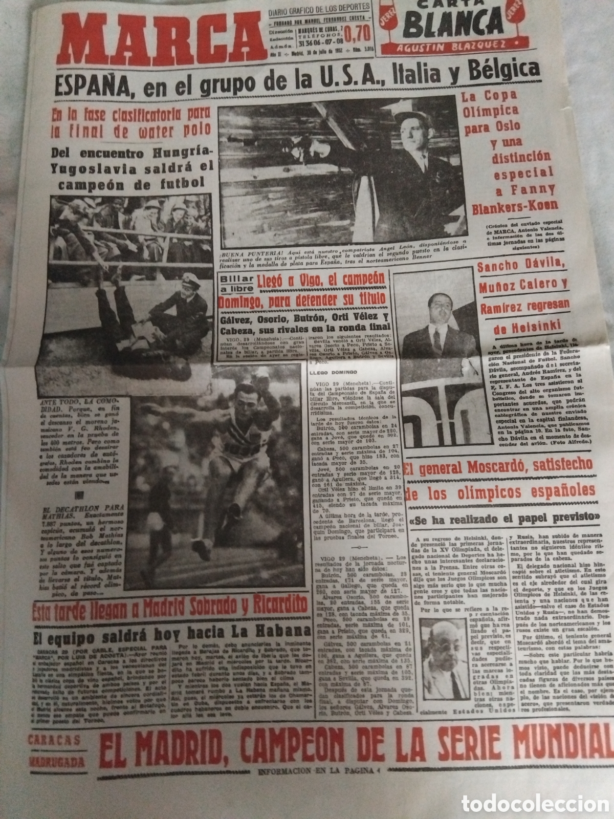 Coleccionismo deportivo: Periodico R.Madrid campe&oacute;n mundial 1952