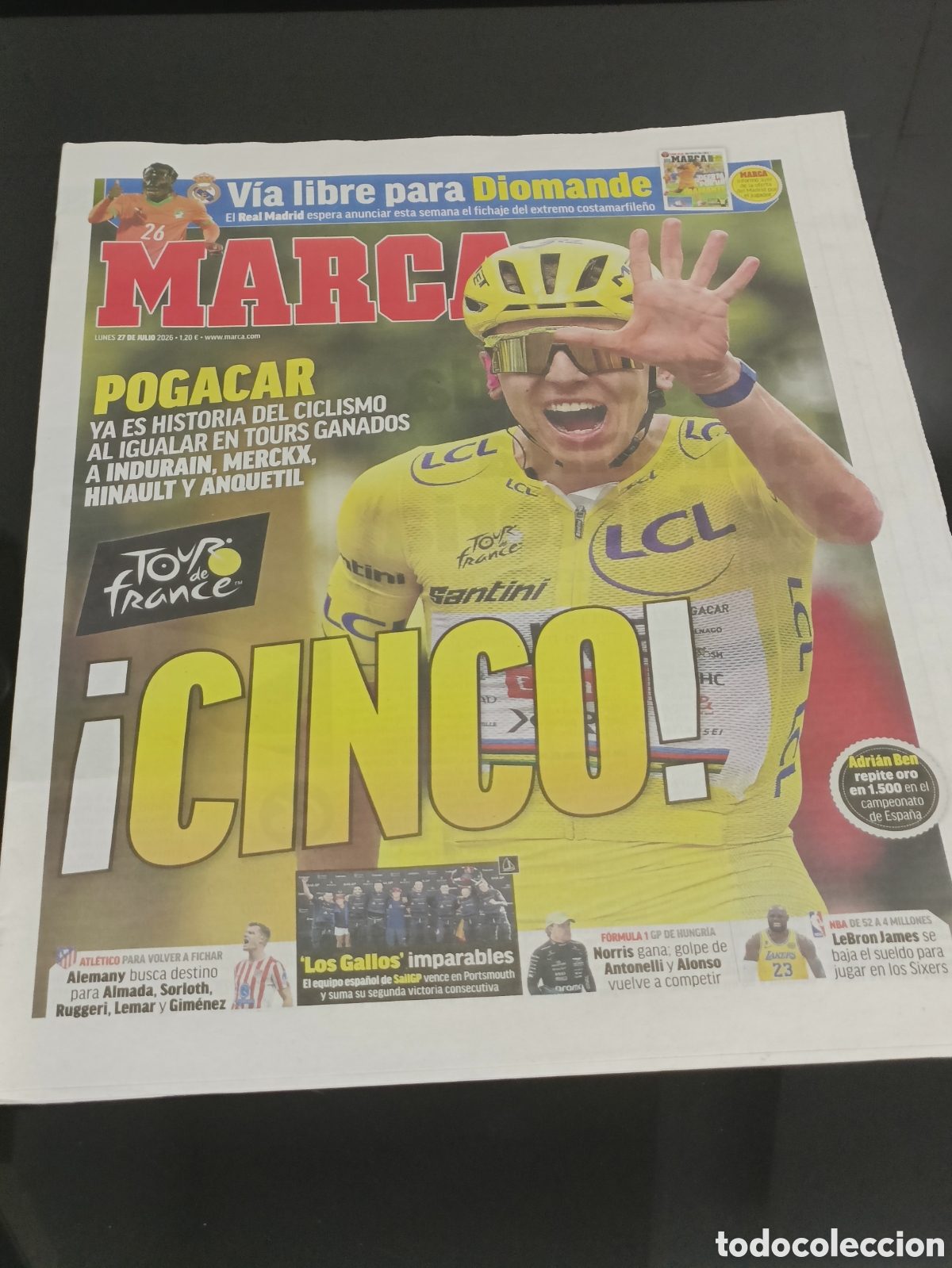 Coleccionismo deportivo: Peri&oacute;dico MARCA Pogacar 5 Tour de Francia 27 Julio