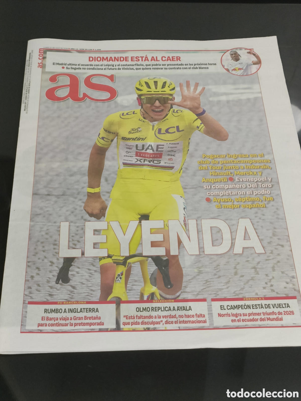 Coleccionismo deportivo: Peri&oacute;dico AS Pogacar 5 Tour de Francia 27 Julio