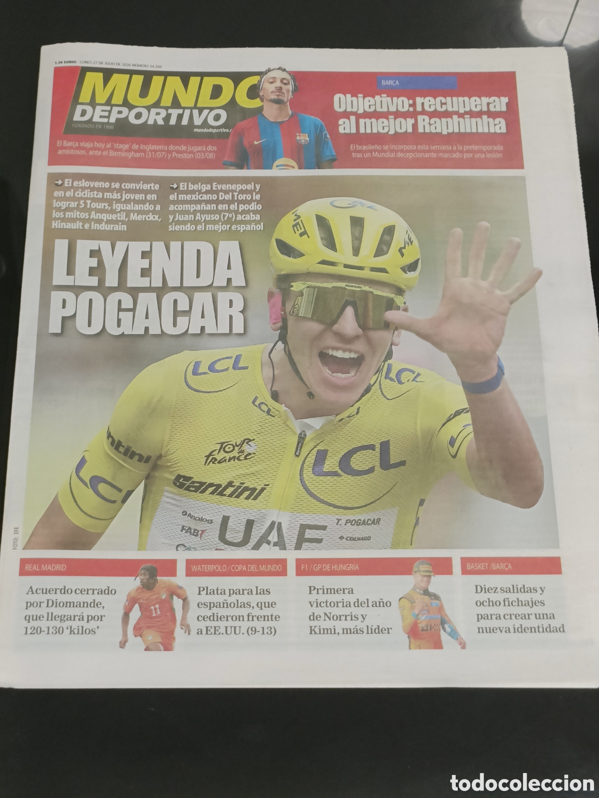 Collectionnisme sportif: Peri&oacute;dico MARCA Pogacar 5 Tour de Francia 27 Julio