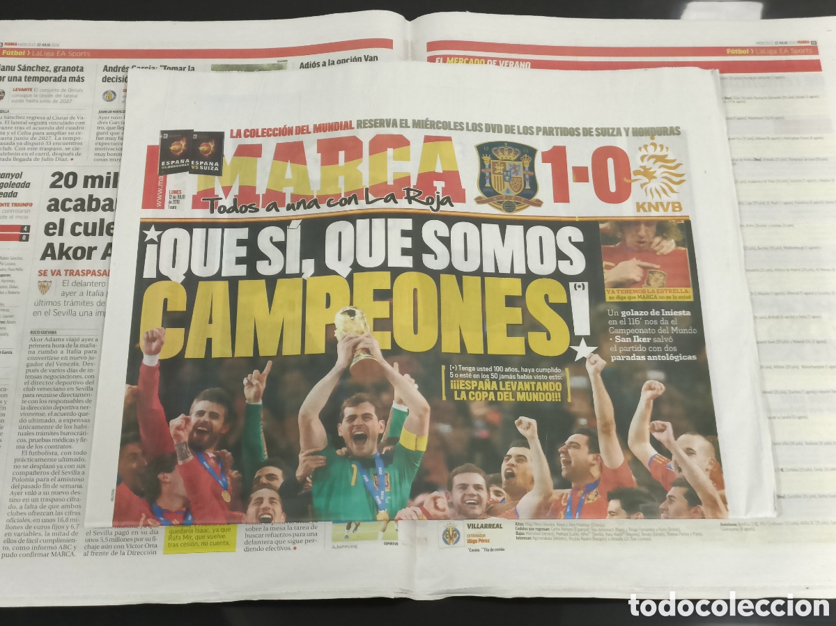 Coleccionismo deportivo: Peri&oacute;dico hist&oacute;rico Marca Reedici&oacute;n primer Mundial Espa&ntilde;a 2010