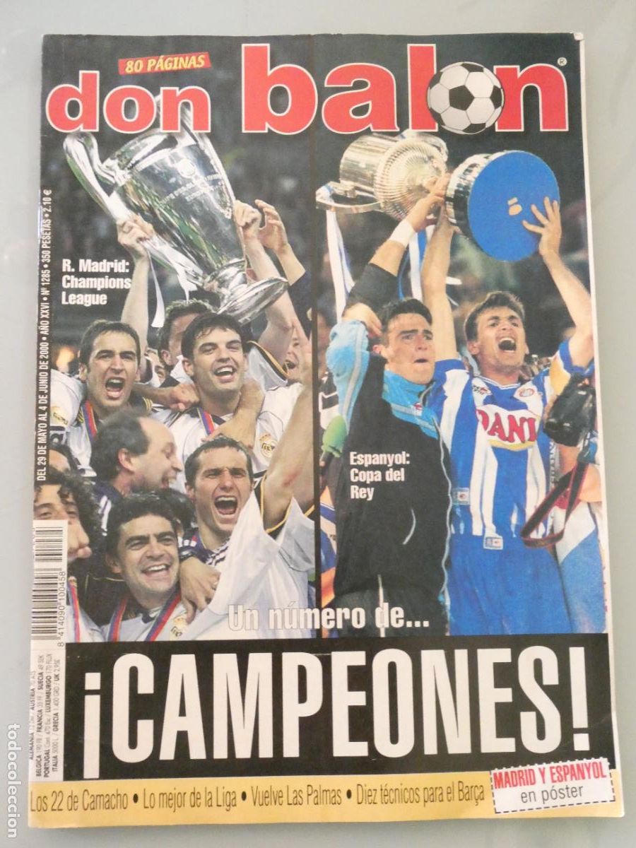 Coleccionismo deportivo: REVISTA DB DON BAL&Oacute;N JUNIO 2000 N&ordm; 1285 CAMPE&Oacute;N REAL MADRID CHAMPIONS, RCD ESPA&Ntilde;OLA COPA REY. 160GR