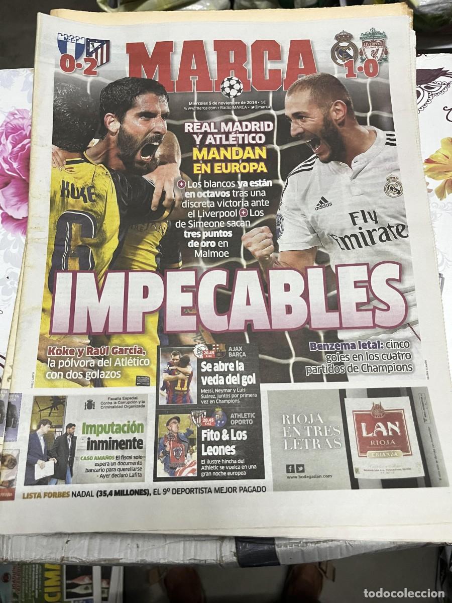 Coleccionismo deportivo: MARCA (5-11-2014) CHAMPIONS MALMOE 0-2 ATLETICO MADRID REAL MADRID 1-0 LIVERPOOL HOY AJAX BARCELONA