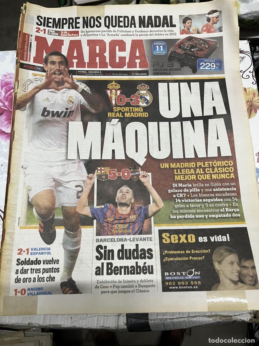 Coleccionismo deportivo: MARCA (4-12-2011) SPORTING GIJON 0-3 REAL MADRID FINAL COPA DAVIS ESPA&Ntilde;A BARCELONA 5-0 LEVANTE