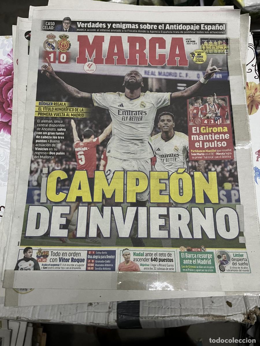 Coleccionismo deportivo: MARCA (4-1-2024) RUDIGER CAMPEON INVIERNO REAL MADRID 1-0 MALLORCA GIRONA 4-3 ATLETICO POSTER CADIZ