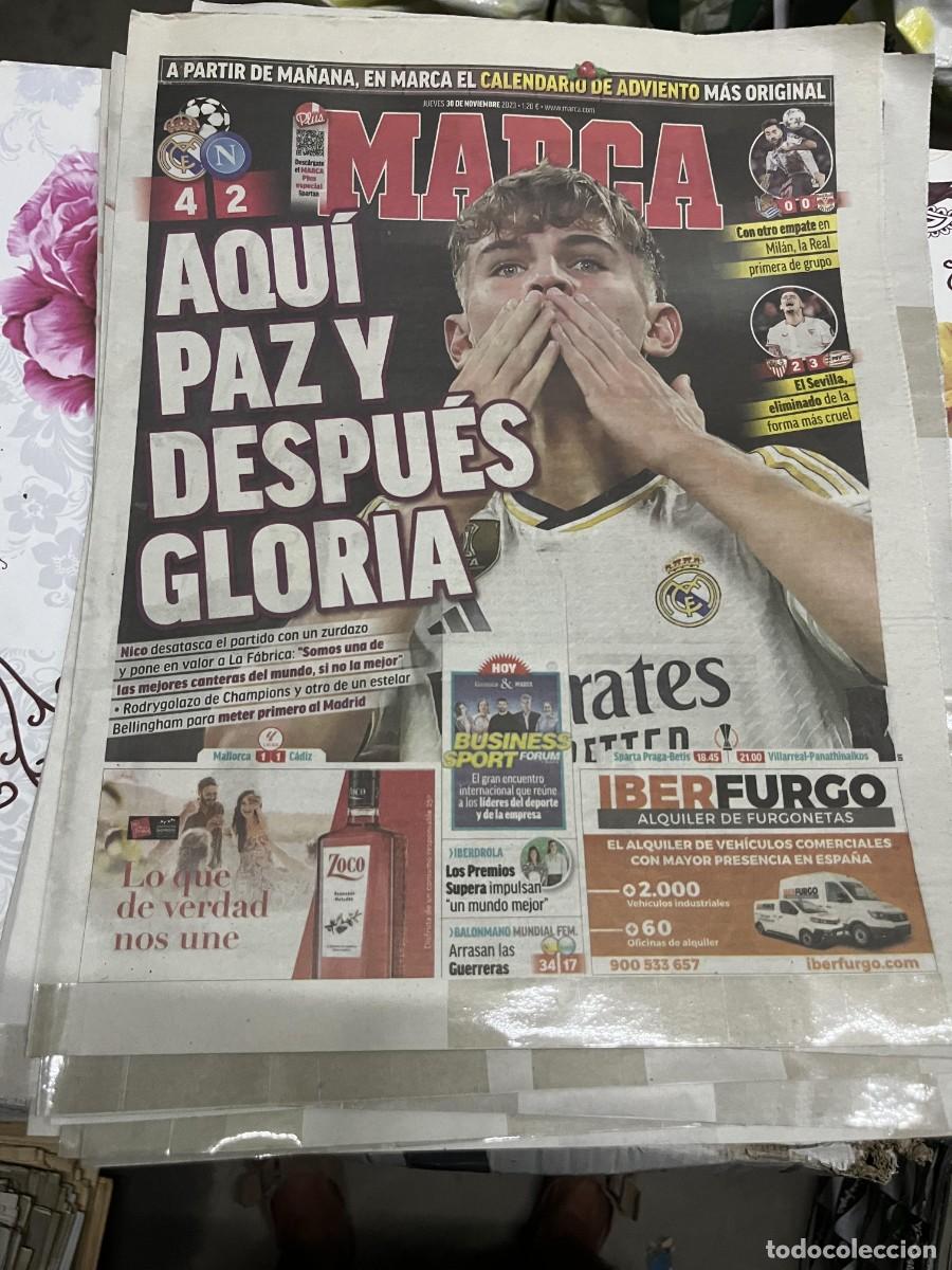 Coleccionismo deportivo: MARCA (30-11-2023) NICO CHAMPIONS REAL MADRID 4-2 NAPOLES REAL SOCIEDAD 0-0 LEIPZIG SEVILLA 2-3 PSV