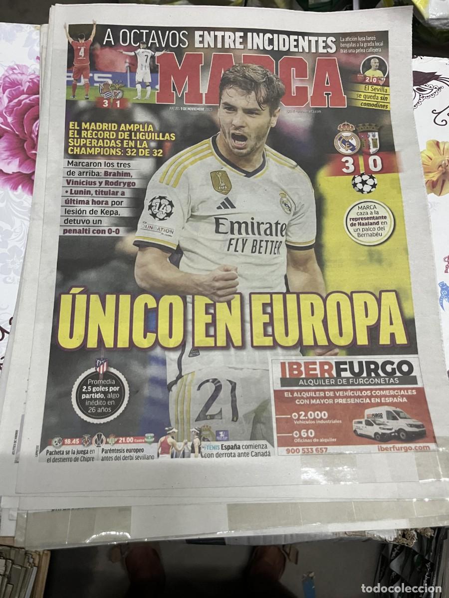 Coleccionismo deportivo: MARCA(9-11-2023)CHAMPIONS REAL MADRID 3-0 BRAGA REAL SOCIEDAD 3-1 BENFICA ARSENAL 2-0 SEVILLA BRAHIM