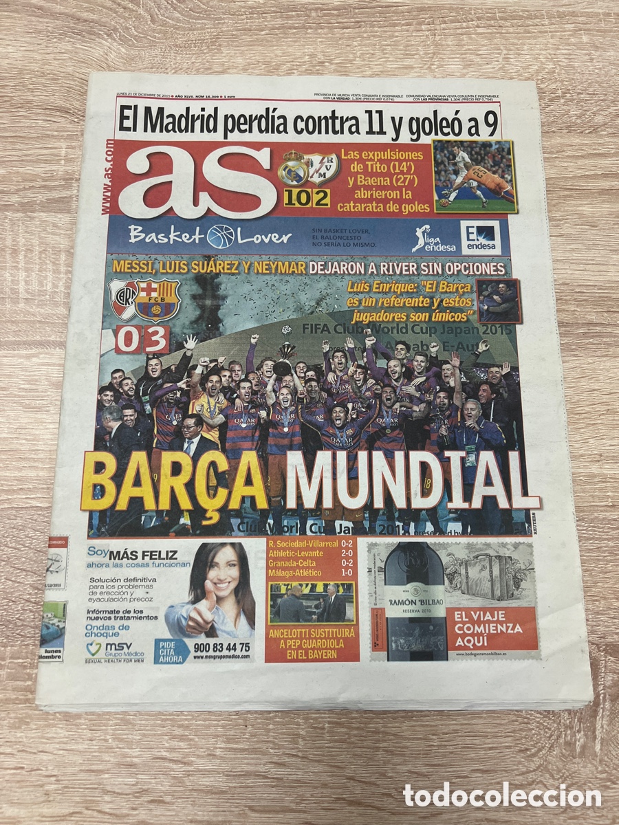 Coleccionismo deportivo: AS N&ordm; 16309 ( 21-12-2015 ) FC BARCELONA CAMPEON MUNDIAL CLUBS v RIVER
