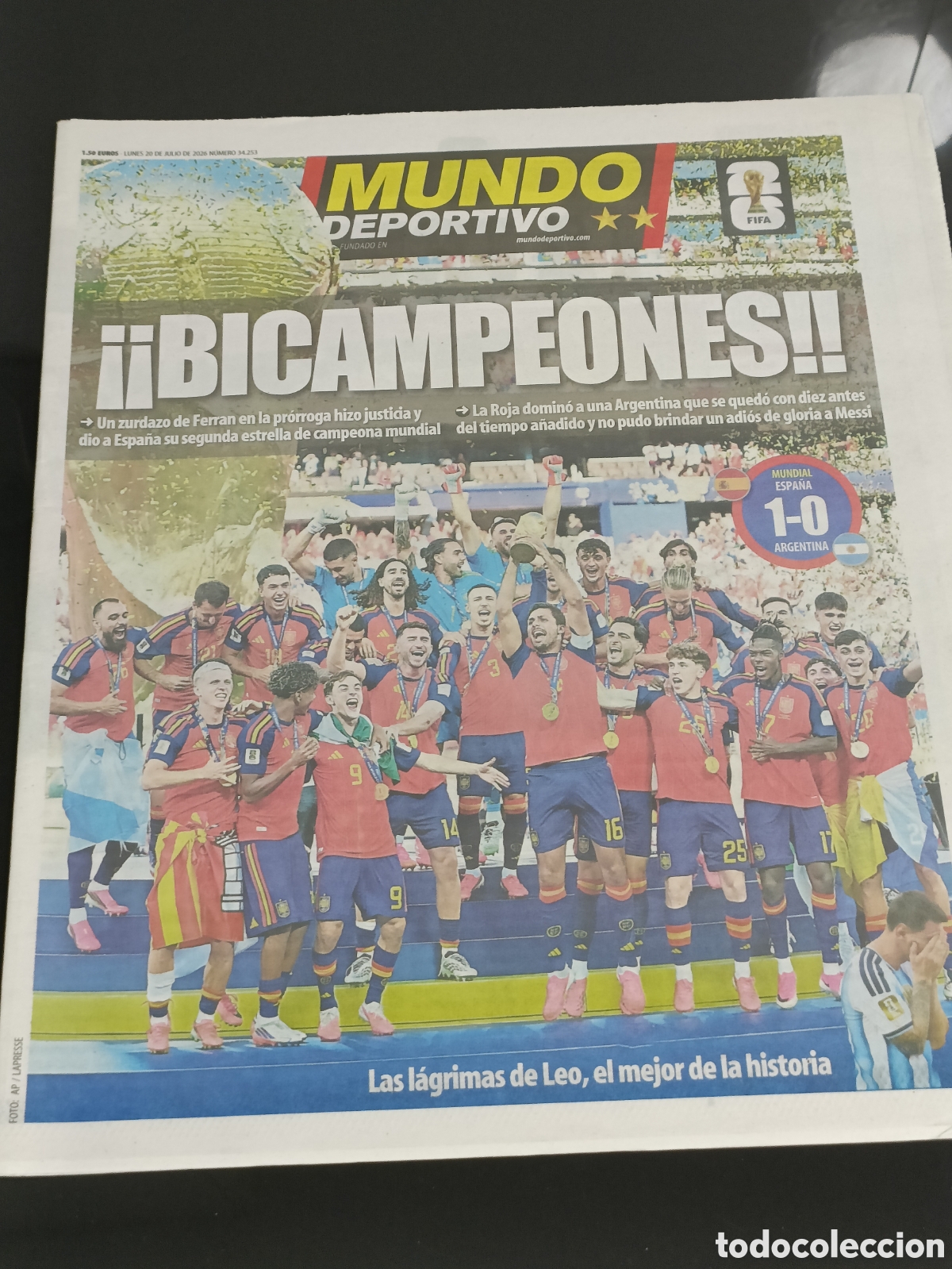 Colecionismo desportivo: Peri&oacute;dico Mundo Deportivo Espa&ntilde;a campeona del mundo 20 Julio 2026