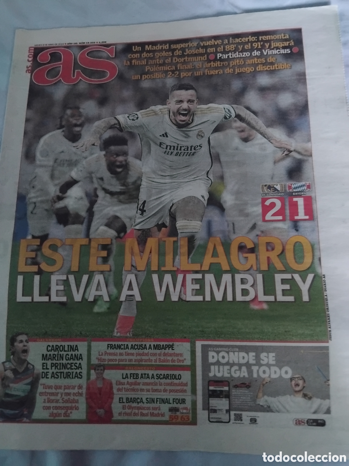 Coleccionismo deportivo: Periodico R.Madrid finalista champions 2024