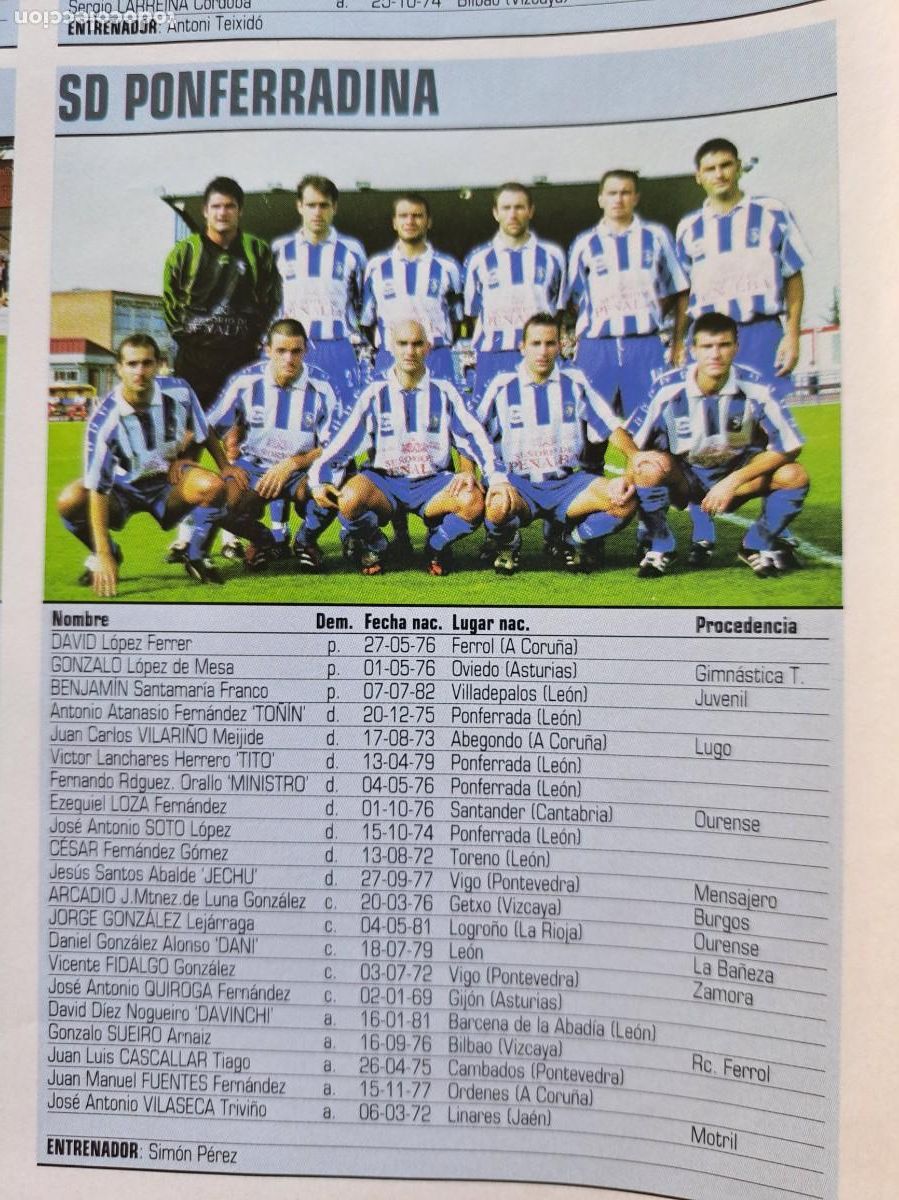 Coleccionismo deportivo: Foto y plantel del SD Ponferradina. Recorte Don Balon 2001-02