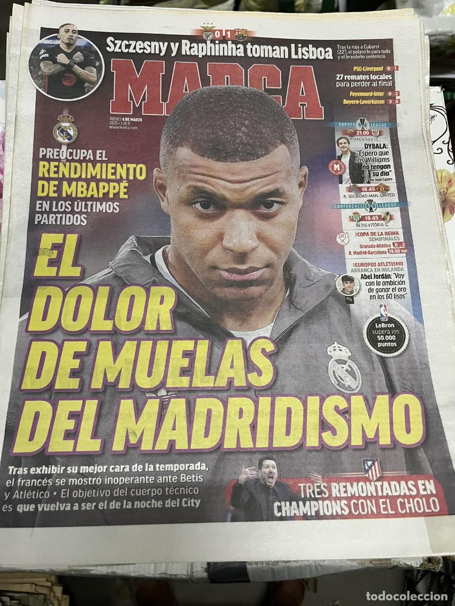 Coleccionismo deportivo: MARCA (6-3-2025) MBAPPE REAL MADRID SZCESNY RAPHINHA BENFICA 0-1 BARCELONA PSG 0-1 LIVERPOOL