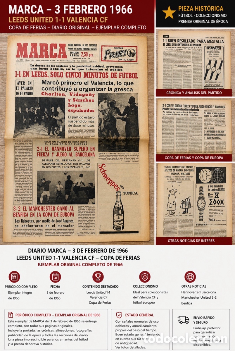 Coleccionismo deportivo: MARCA ( 03-02-1966 ) LEEDS v VALENCIA CF COPA FERIAS MANCHESTER UD - BENFICA COPA EUROPA
