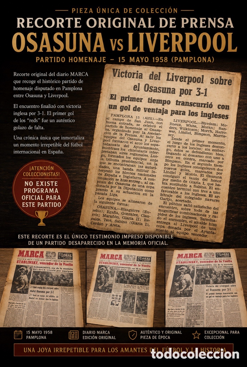 Coleccionismo deportivo: MARCA 16-05-1958 OSASUNA v LIVERPOOL PARTIDO HOMENAJE NO PROGRAM FOR THIS MATCH