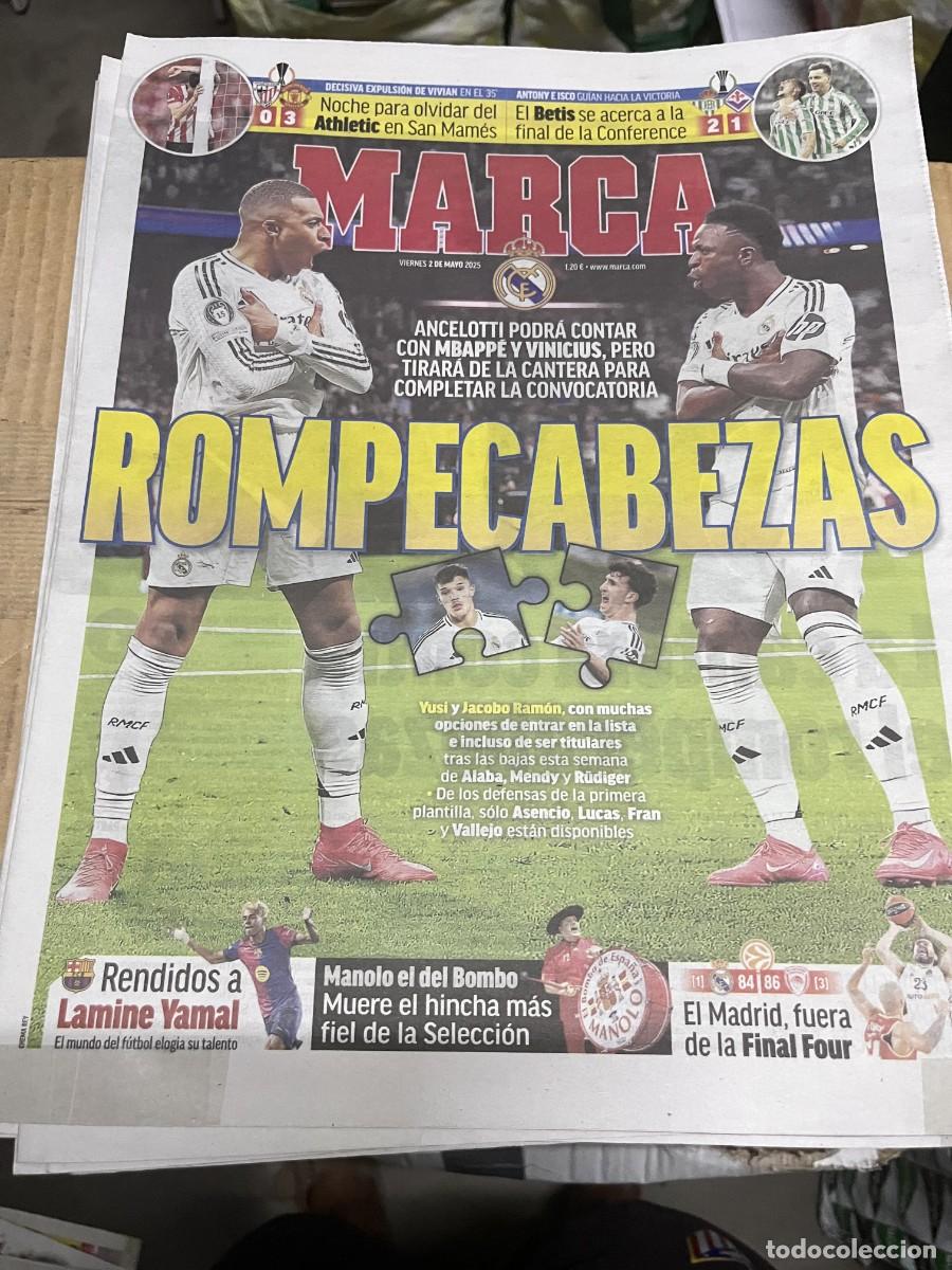 Coleccionismo deportivo: MARCA (2-5-2025) VINICIUS MBAPPE REAL MADRID ATHLETIC 0-3 MANCHESTER UNITED BETIS 2-1 FIORENTINA