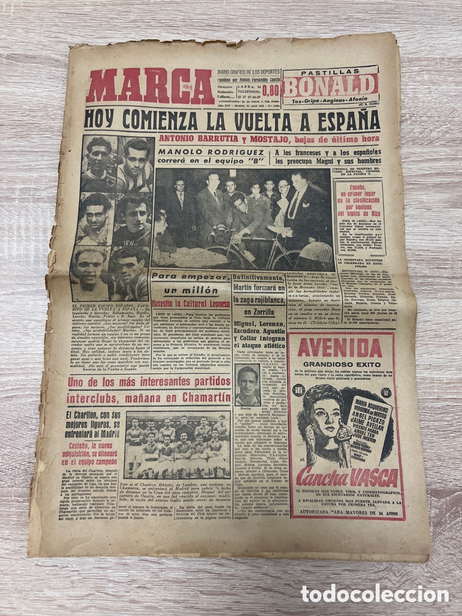 Coleccionismo deportivo: MARCA N&ordm; 3865 (23-04-1955 ) REAL MADRID CHARLLTON VULTA CICLISTA
