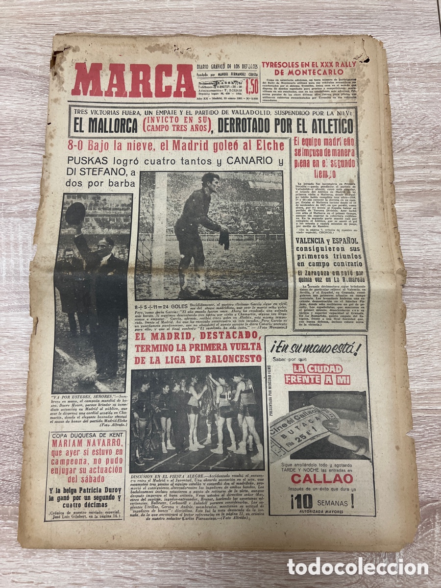 Coleccionismo deportivo: MARCA N&ordm; 5928 (23-01-1961 ) REAL MADRID ELCHE PUSKAS DAVEY MOORE HOMENAJE