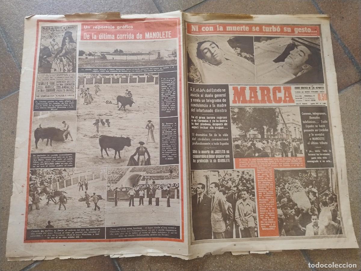 Coleccionismo deportivo: Periodico de agosto 1947 diario marca numero n&ordm; 1484 especial muerte del torero Manolete