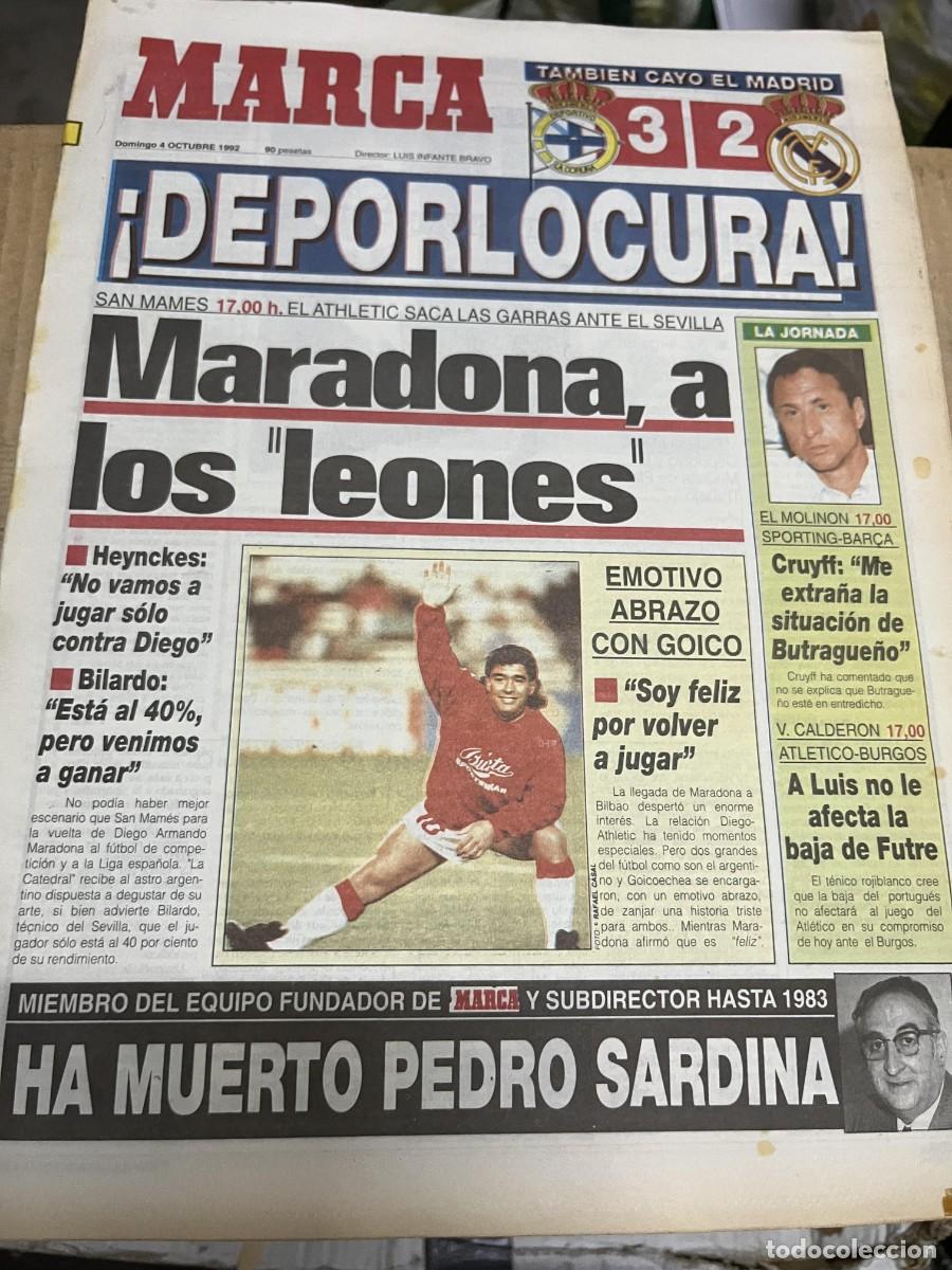 Coleccionismo deportivo: MARCA (4-10-1992) DEPORTIVO CORU&Ntilde;A 3-2 REAL MADRID CRUYFF MARADONA SEVILLA MUERTE PEDRO SARDINA