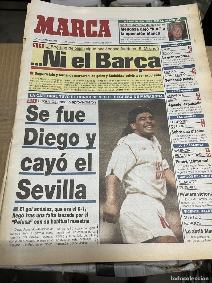 Coleccionismo deportivo: MARCA (5-10-1992) ATHLETIC BILBAO 2-1 SEVILLA REGRESO DE MARADONA GOL SPORTING GIJON 1-1 BARCELONA