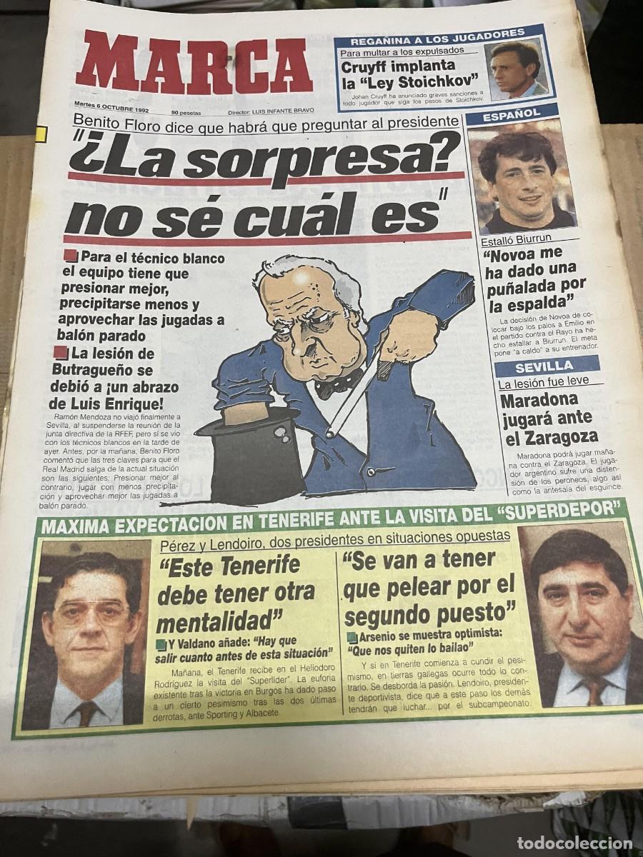 Coleccionismo deportivo: MARCA (6-10-1992) BENITO FLORO REAL MADRID BIURRUN TENERIFE DEPORTIVO CORU&Ntilde;A CRUYFF